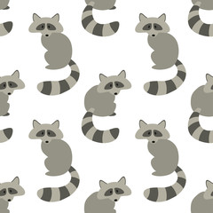 Raccoons. Seamless pattern on white background. Vector flat illustration.