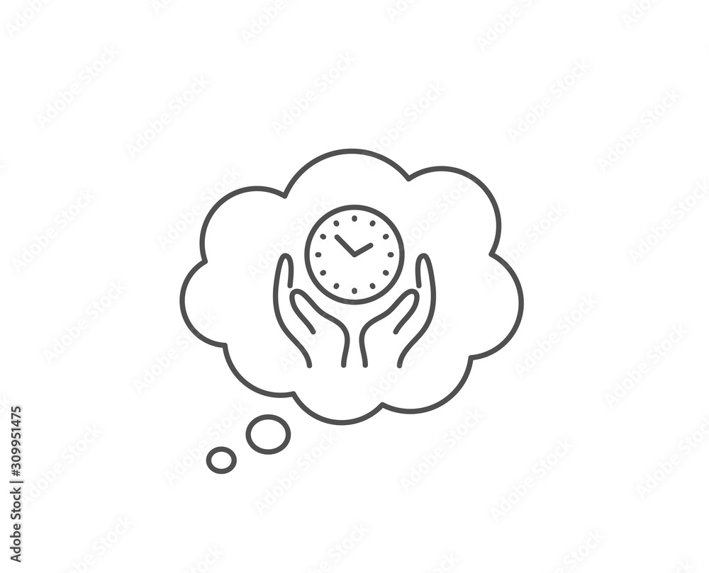 Poster safe time line icon. chat bubble design. clock sign. hold watch symbol. outline concept. thin line s