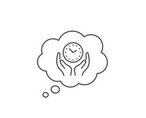 Safe time line icon. Chat bubble design. Clock sign. Hold watch symbol. Outline concept. Thin line safe time icon. Vector