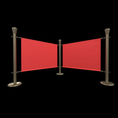 Obraz premium Red and Gold Banner Stand. Trade show booth. 3d render on black background. High Resolution Template for your design.