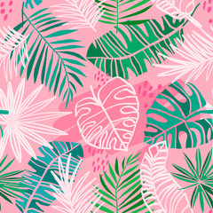 Tropical vector seamless pattern. Summer tropic floral background. Green jungle leaves on pink background