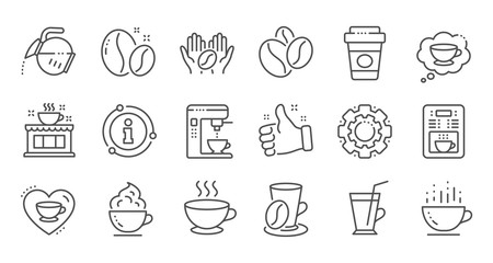 Coffee line icons. Beans, hot cocktail and coffee maker machine. Espresso cup, cappuccino with whipped cream line icons. Latte vending machine and roasted beans. Linear set. Quality line set. Vector