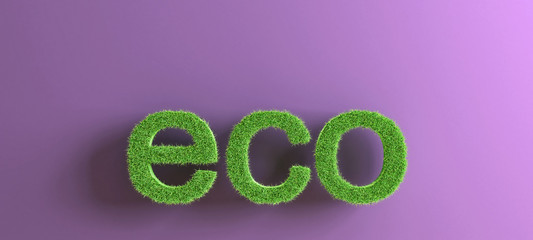Word prefix eco made of grass isolated on light purple background, concept of ecology, preservation, organic production, 3d rendering, 3d illustration