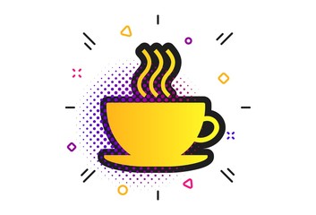 Coffee cup sign icon. Halftone dots pattern. Hot coffee button. Classic flat coffee icon. Vector