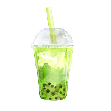 Watercolor bubble tea with matcha flavor and tapioca pearls