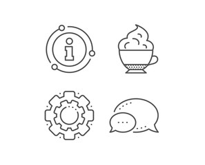 Cappuccino coffee with Whipped cream icon. Chat bubble, info sign elements. Hot drink sign. Beverage symbol. Linear cappuccino cream outline icon. Information bubble. Vector