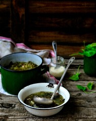 .russian traditional  soup with eggs and sour cream