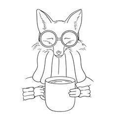Vector black and white cute cartoon forest fox. Fox vector illustration.