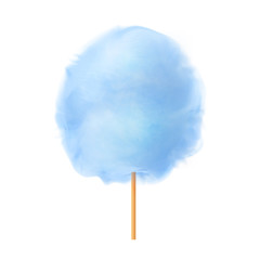 Cotton candy. Realistic blue cotton candy on wooden stick. Summer tasty and sweet snack for children in parks and food festivals. 3d vector realistic illustration isolated on white background
