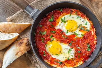 Shakshouka served in a frying pan