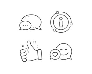 Comic speech bubble with Smile line icon. Chat bubble, info sign elements. Chat emotion with heart sign. Linear dating outline icon. Information bubble. Vector