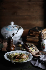 quail soup with homemade noodles.style rustic