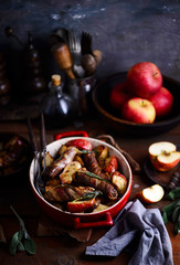 Sausage, apple and potato one-pan roast.style rustic