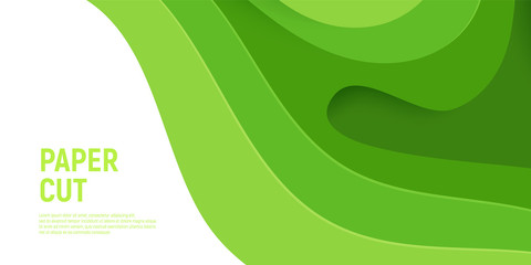 Green paper cut banner with 3D slime abstract background and green waves layers. Abstract layout design for brochure and flyer. Paper art vector illustration