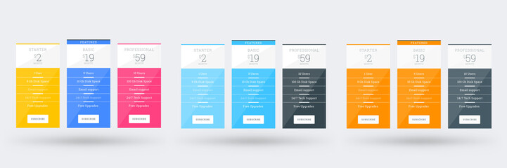 Pricing table design template for websites and applications. Set of three different color variations. Vector pricing plans. Flat style vector illustration