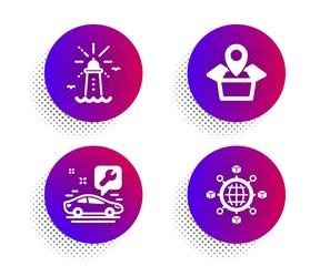Car service, Lighthouse and Package location icons simple set. Halftone dots button. Logistics network sign. Repair service, Navigation beacon, Delivery tracking. International tracking. Vector