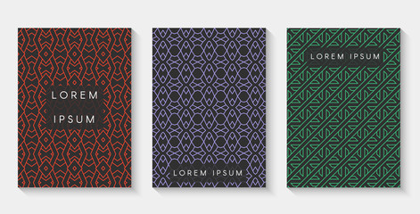 Set of modern abstract black backgrounds with a geometric linear pattern for brochures, booklets, flyers, posters, books. Cover design template. Vector illustration.
