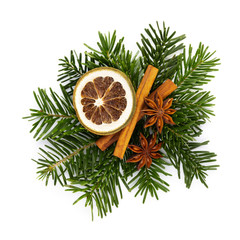 Pine cones and fir tree branch on a white background.