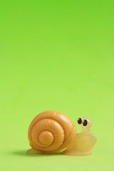 snail shaped plastic toy in color background