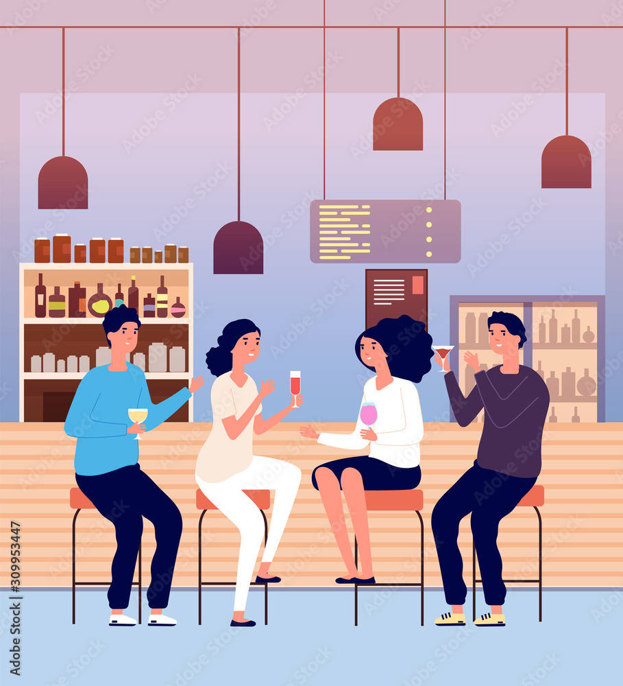 Wall mural Friends in pub. Men and women drink alcohol shots and make toast. People talking and relaxing in bar vector cartoon concept. Illustration pub drink man and woman