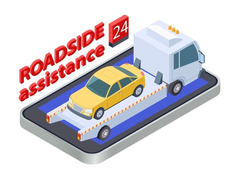Road assistance concept. Isometric tow truck. Online roadside assistance, car service mobile app. Auto assistance, vehicle service roadside illustration