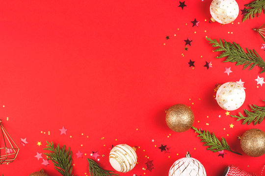 Christmas, New Year red stylish flat lay frame with ribbon. Winter holiday composition. Top view. Copy space - Powered by Adobe