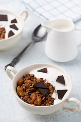 Granola, oatmeal with chocolate food background