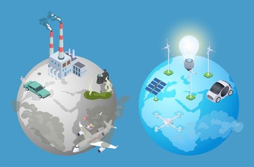 Pollution planet problem. Pollution vs clean earth. Isometric alternative energy sources vector illustration. Pollution earth, environment ecology and clean green