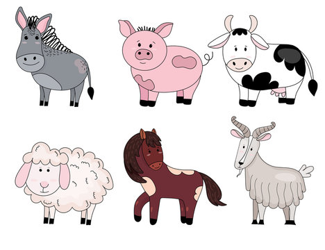Farm cute animal set: cow, horse, sheep, pig, donkey, goat. Vector illustration in cartoon style.