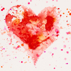 Watercolor painted pink heart, on the white watercolor paper.
