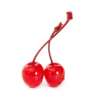 Two cocktail cherries isolated on white background.
