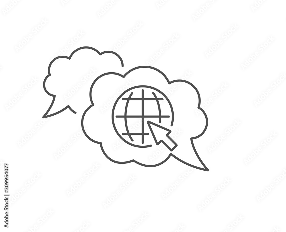 Poster globe with mouse cursor line icon. chat bubble design. world or earth sign. global internet symbol. 