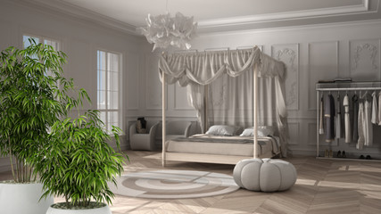 Zen interior with potted bamboo plant, natural interior design concept, minimalist luxury bedroom with carpets, canopy bed and window, parquet, classic architecture concept idea