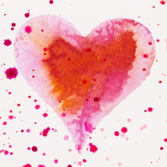 Watercolor painted pink heart, on the white watercolor paper.