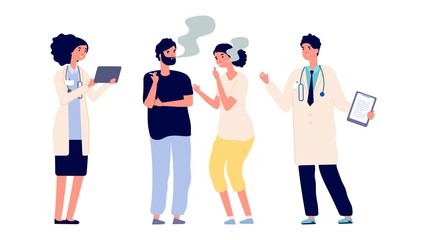 Doctors and smokers. Drug addiction. Vector male female characters. Doctors offer help get rid of addiction. Illustration smoke people and doctor, addiction cigarette © MicroOne