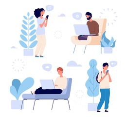 People communication. Internet chat vector illustration. Young men and women with gadgets laptops smartphones. Social media, messages, web surfing. People with laptop listen and chat