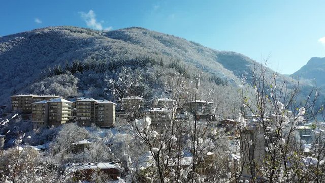 Aerial view of Eastern European town in winter