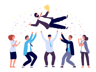 Team tossing man in air. Business people group celebrating success victory. Corporate achievement, winner award celebration, vector concept. Achievement award winner corporate teamwork illustration