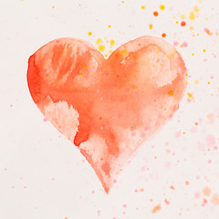 Watercolor painted pink heart, on the white watercolor paper.