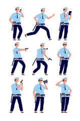 Policeman. American cop security officer, police patrol in uniform with gun. Professional guards cartoon characters vector set. Illustration officer cop, guard american professional in uniform