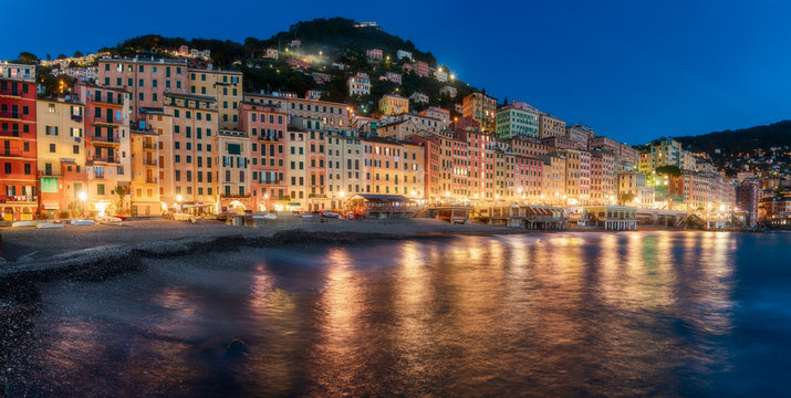 Panorama of colorful lights on Camogli waterfront