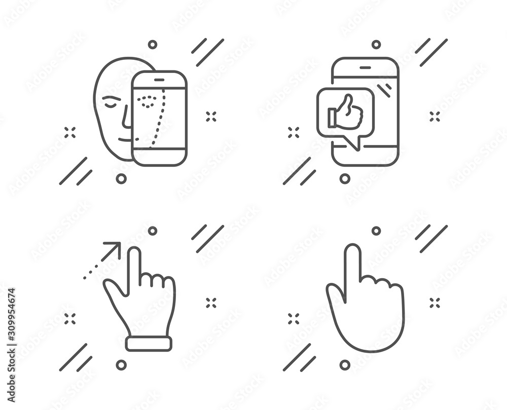 Poster face biometrics, mobile like and touchscreen gesture line icons set. hand click sign. facial recogni