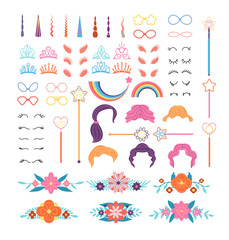 Unicorn constructor. Stylish pony details. Horns, mane and eyelashes, ears and crowns, glasses. Flowers and magic wand cartoon vector set. Magic horn pony mane, flower and unicorn illustration