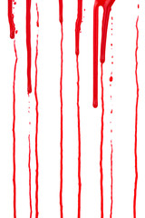 Dripping blood isolated on white background. Flowing red blood splashes, drops and trail