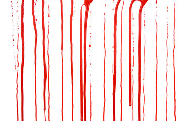 Dripping blood isolated on white background. Flowing red blood splashes, drops and trail