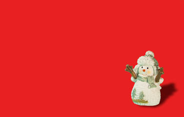 Cute snowman on red background. Christmas, new Year banner with copy space for your text
