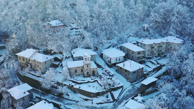 Aerial view of Eastern European town in winter