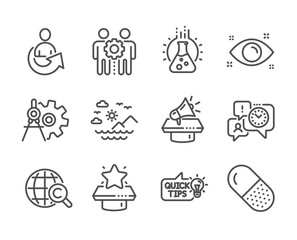 Set of Business icons, such as Health eye, Capsule pill, Employees teamwork, Megaphone, Time management, Winner podium, Education idea, International Ð¡opyright, Share, Sea mountains. Vector