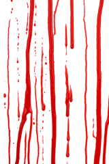 Dripping blood isolated on white background. Flowing red blood splashes, drops and trail