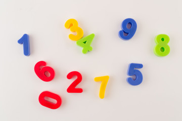 Colorful numbers from zero to nine randomly scattered on a white background
